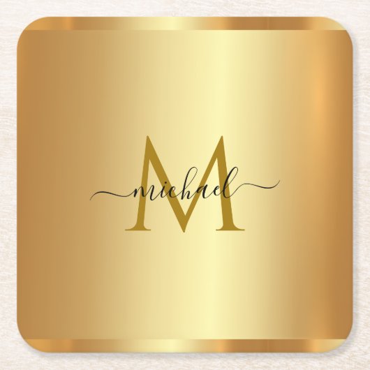 Custom Elegant Name Monogram Initial Template Gold Vierkante Kartonnen Onderzetter (Voorkant)