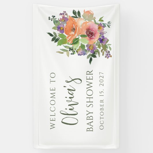 Custom Elegant Perzik Waterverf Floral Baby shower Spandoek (Verticaal)