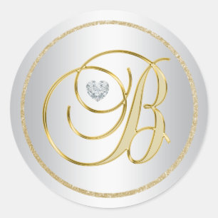 Custom Elegant Zilver Goud Monogrammed 'B' Bruilof Ronde Sticker