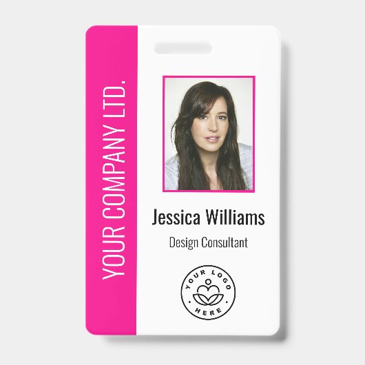 Custom Employee Photo Bar Code Logo Name Hot Pink Badge (Voorzijde)