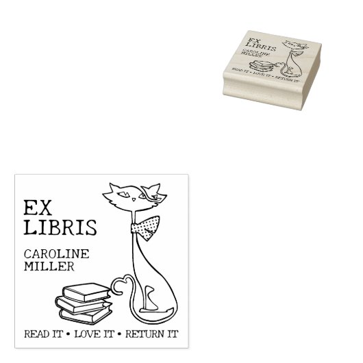 Custom Ex Libris, Leuke Kat met boeken Rubberstempel (Gestempeld)