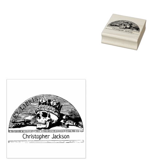 Custom Ex Libris Schedel met Kroon,  Rubberstempel (Gestempeld)
