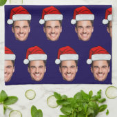 Custom Face Photo Santa Hat Christmas blue Theedoek (Gevouwen)