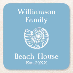 Custom Family Beach House Shell Blauw Vierkante Kartonnen Onderzetter