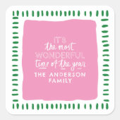 Custom Family Name Modern Pink & Green Christmas Vierkante Sticker (Voorkant)