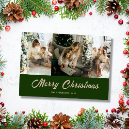 custom family photo green merry christmas Card Feestdagenkaart