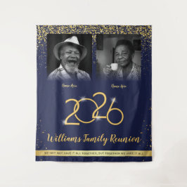 Custom Family Reunion Banner, 2 Foto Blauw Goud Wandkleed