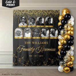 Custom Family Reunion Banner, 9 Foto Zwart Goud Wandkleed