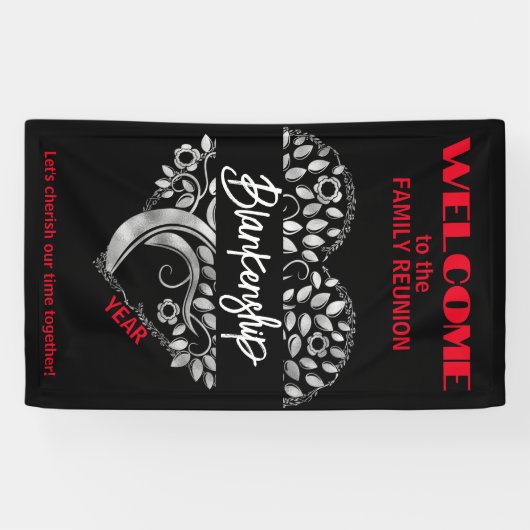 Custom Family Reunion Heart Art Tree Zwart Wit Spandoek (Horizontaal)
