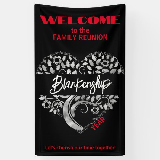 Custom Family Reunion Heart Art Tree Zwart Wit Spandoek (Verticaal)