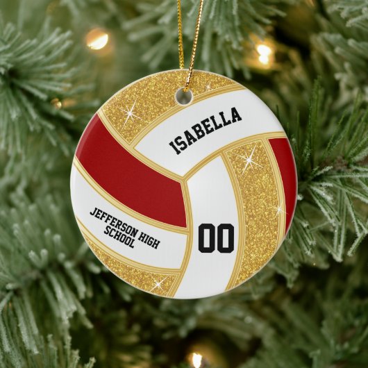 Custom Faux Gold Glitter, Wit & Rood Volleybal Keramisch Ornament (Boom)