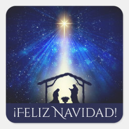 Custom Feliz Navidad Blue Nativity Kerstster Vierkante Sticker
