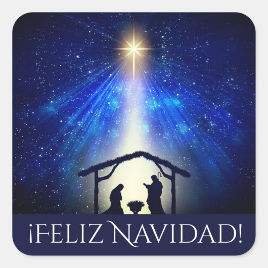 Custom Feliz Navidad Blue Nativity Kerstster Vierkante Sticker (Voorkant)