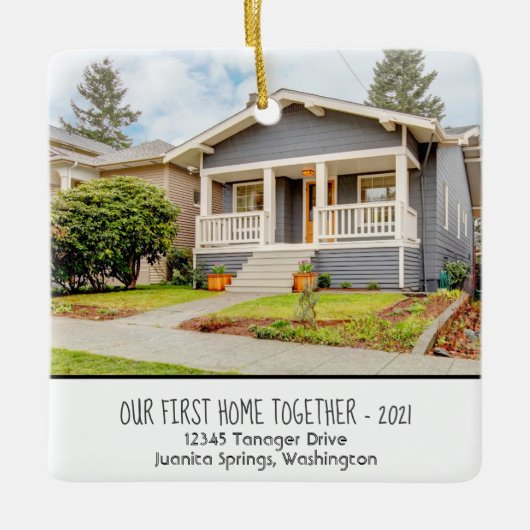 Custom First Home Together Photo w/Year, Address Keramisch Ornament (Voorkant)