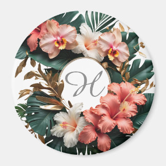 Custom Floral Monogram Tropical Fridge Magnet Magneet