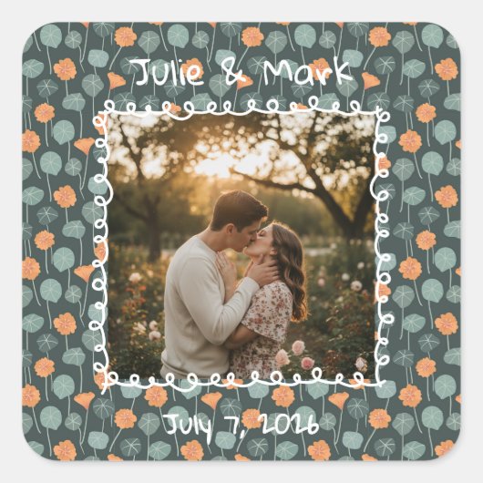 Custom Floral Photo Engagement  Vierkante Sticker (Voorkant)