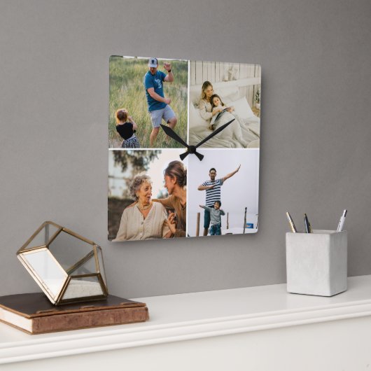 Custom Four Photo Collage Template Modern  Vierkante Klok (Kantoor)