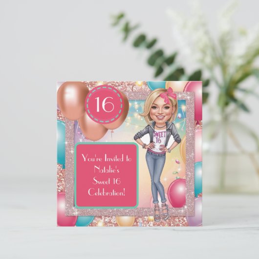 Custom Fun & Fabulous Sweet 16 Karikatuur Ontwerp Kaart (Staand voorkant)
