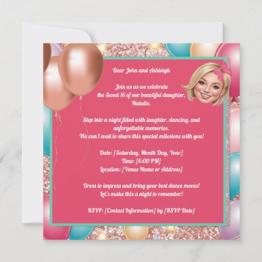 Custom Fun & Fabulous Sweet 16 Karikatuur Ontwerp Kaart (Achterkant)