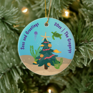 Custom Funny Zeeen en Groeten Ocean Holiday 2024 Keramisch Ornament