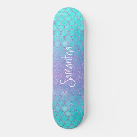Custom Girly Glitter Zeemeermin Blauw en Roze Skateboard (Voorkant)