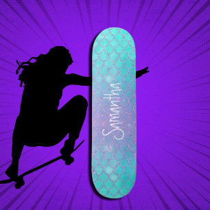 Custom Girly Glitter Zeemeermin Blauw en Roze Skateboard