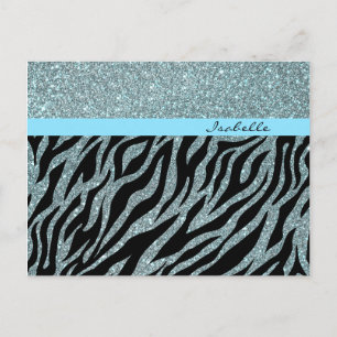 Custom Girly Glitter Zilver Blauwgroen Zebra Glam Briefkaart