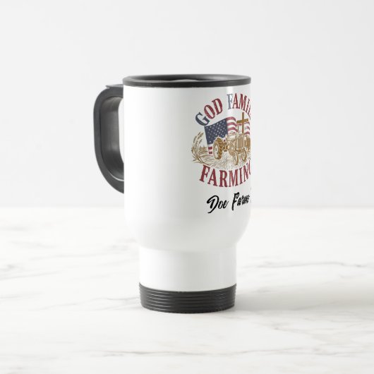 Custom “God Family Farming” Travel Mug (Devant gauche)