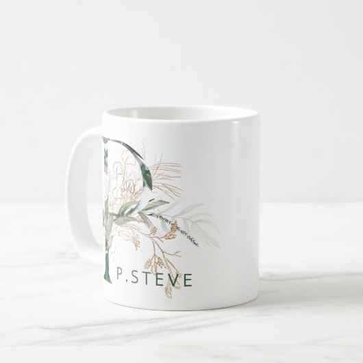 Custom Gold Botanische Eucalyptus Monogram "P" Koffiemok (Voorkant links)