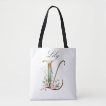 Custom Gold Floral Letter L All-Over Print Tote