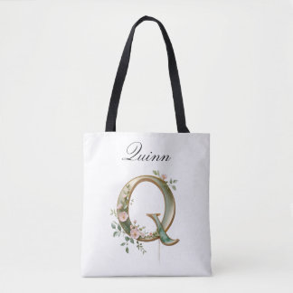 Custom Gold Floral Letter Q All-Over Print Tote Draagtas