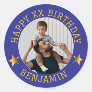 Custom Gold Happy Birthday Foto en Leeftijd Naam C Ronde Sticker