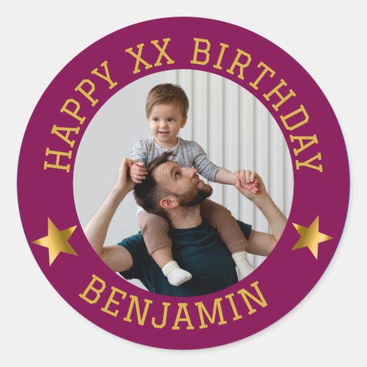 Custom Gold Happy Birthday Foto en Leeftijd Naam C Ronde Sticker (Voorkant)