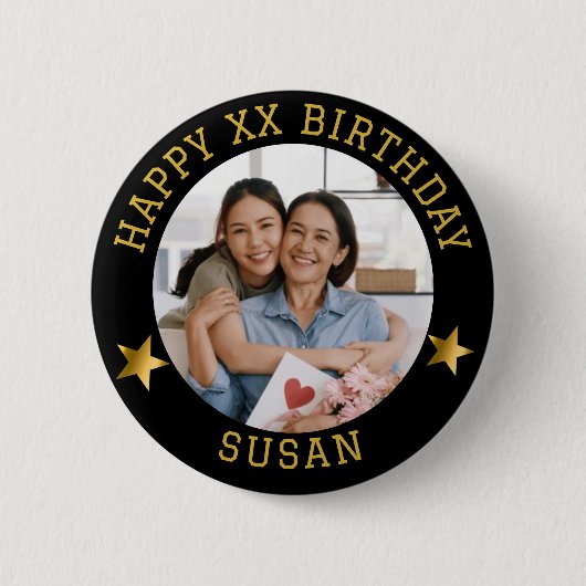 Custom Gold Happy Birthday Foto en leeftijd Naam Ronde Button 5,7 Cm (Voorkant)