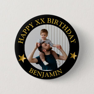 Custom Gold Happy Birthday Foto en leeftijd Naam Ronde Button 5,7 Cm