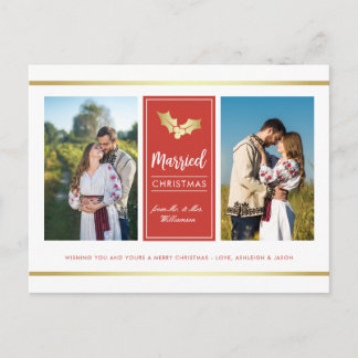 Custom Gold Holly Getrouwd Kerstvakantie Foto Feestdagenkaart
