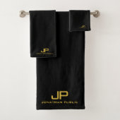 Custom Gold Initiaal Monogram Naam Zwart Sjabloon Bad Handdoek (Insitu)