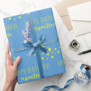 Custom Gold Stars en Maan Happy Birthday Blue Cadeaupapier
