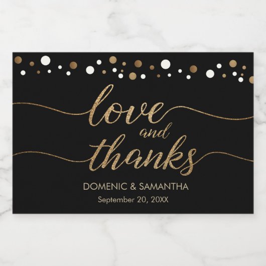 Custom Goud zwart Liefde en Bedankt Virtual Weddin Sparkling Wijnetiket (Enkel label)