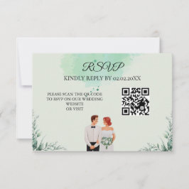 Custom green watercolor flowy wedding RSVP kaartje