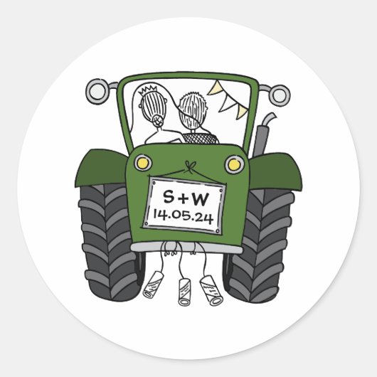Custom Groene Tractor Land Schuur Rustieke Bruilof Ronde Sticker (Voorkant)