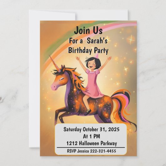 Custom Halloween Unicorn Birthday Party Invitation Kaart (Voorkant)