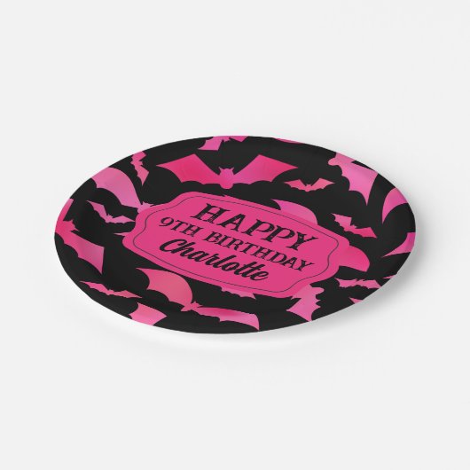 Custom Halloween Verjaardagsfeestje Zwart Roze Papieren Bordje (Gekanteld)