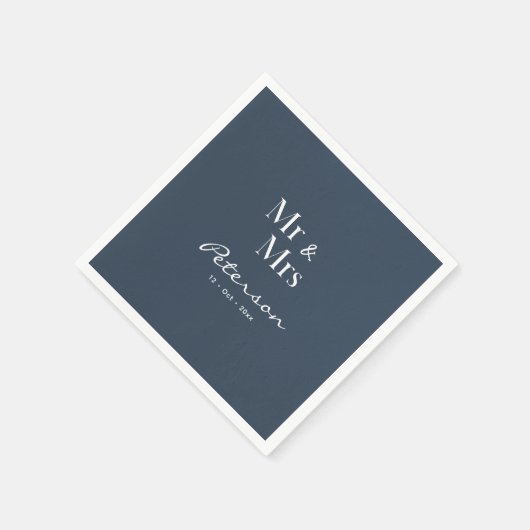 Custom Hand-Lettered Navy Blue Mr en Mrs Wedding Servet (Hoek)