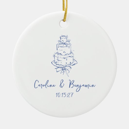 Custom Handgeschreven Frans Blauw Doodle Trouwtaar Keramisch Ornament (Voorkant)