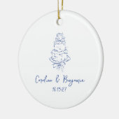 Custom Handgeschreven Frans Blauw Doodle Trouwtaar Keramisch Ornament (Links)