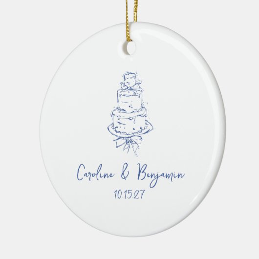 Custom Handgeschreven Frans Blauw Doodle Trouwtaar Keramisch Ornament (Links)