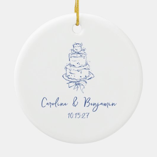 Custom Handgeschreven Frans Blauw Doodle Trouwtaar Keramisch Ornament (Achterkant)