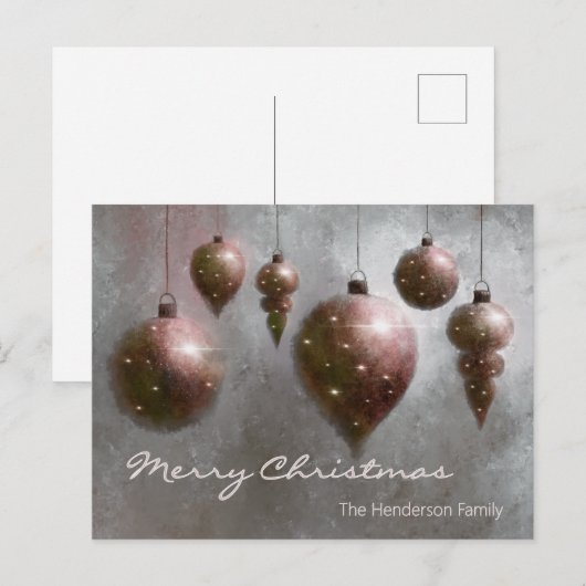 Custom Hanging Christmas Baubles Copper on Silver Briefkaart (Voorkant / Achterkant)