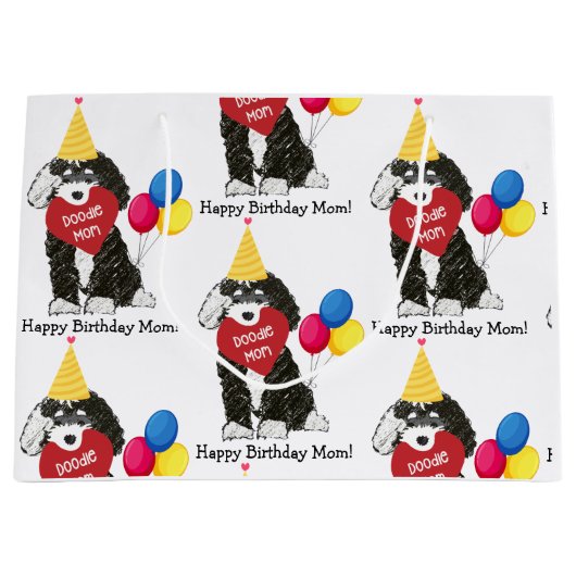 Custom Happy Birthday Mam B & W Bernedoodle Groot Cadeauzakje (Voorkant)